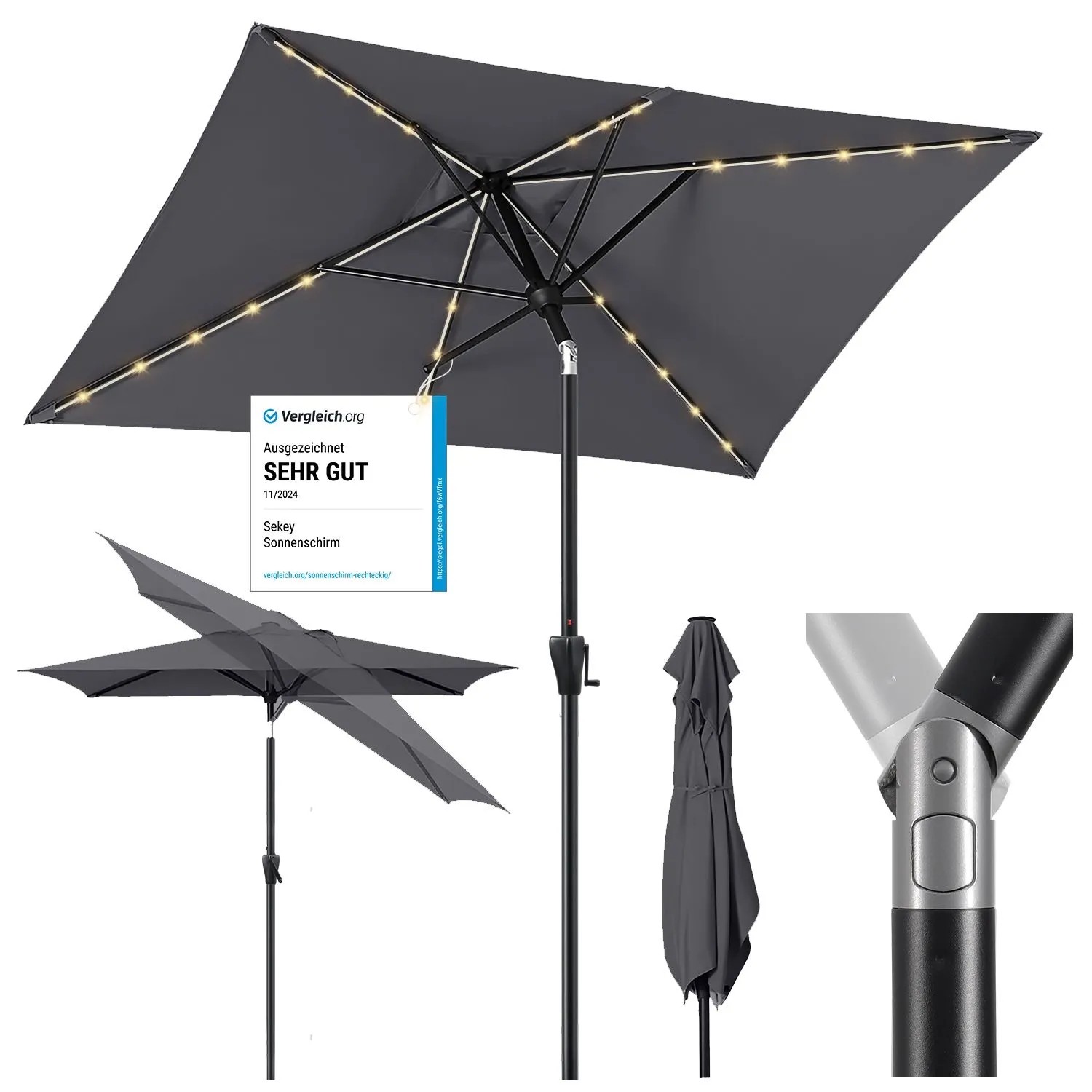 Sekey Sonnenschirm 300 x 200 cm Rechteckig Gartenschirm mit LED Solar Beleuchtung