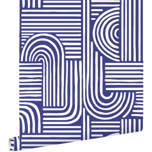 ESTAhome Vliestapete, dunkelblau mit weißem, abstraktem 3D-Muster aus Linien und Bögen. Dekorative Tapete.