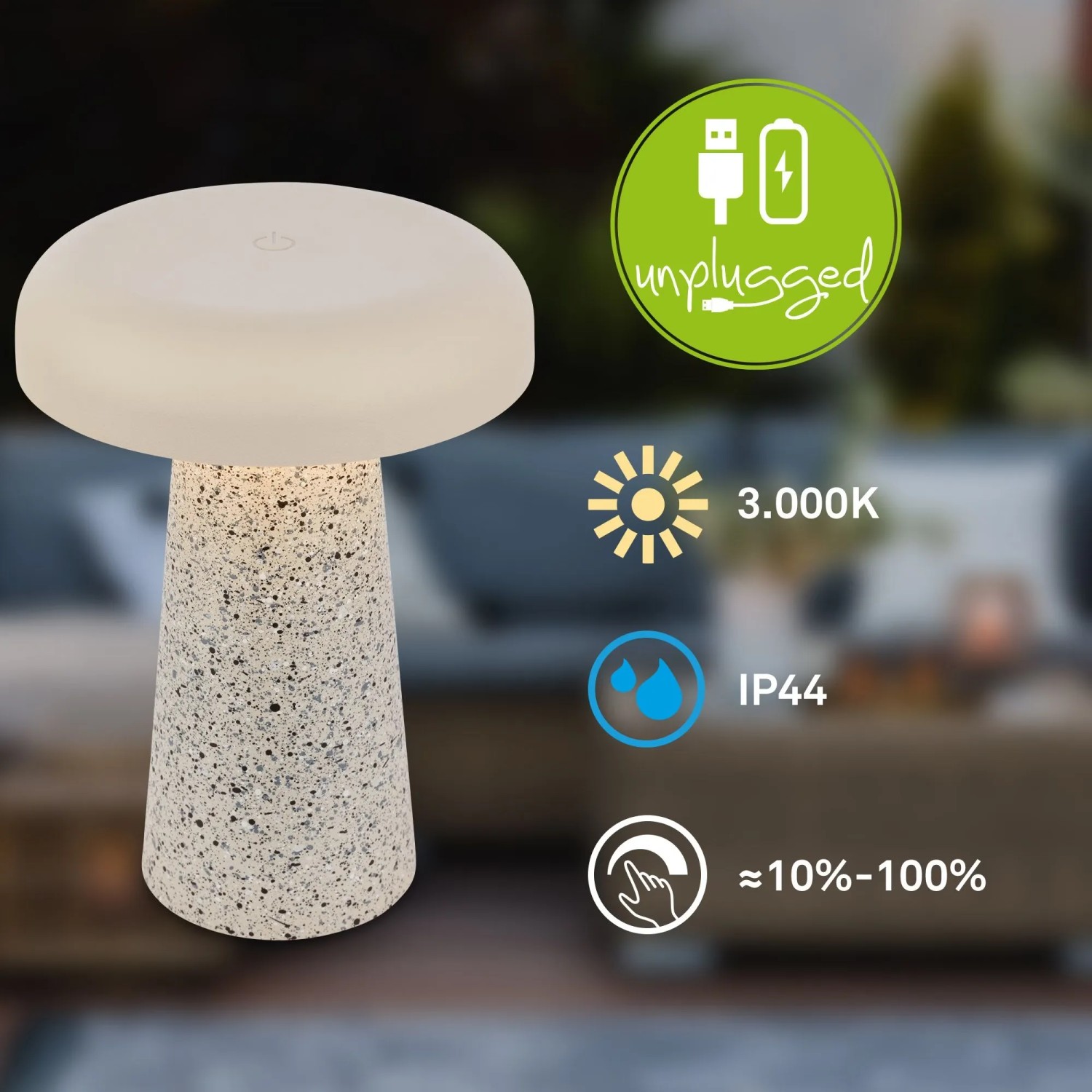 Brilo Akku Tischleuchte Cloud, dimmbar, Travertin/Warmgrau. Design-Tischlampe mit Touchfunktion.