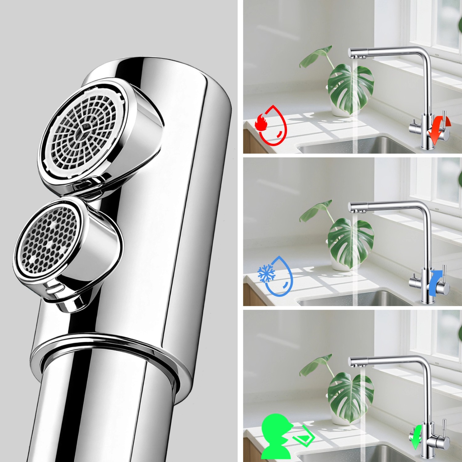 AICA Wasserhahn Chrom Küche Spültischarmatur 3-Wege mit Trinkwasserfilter 2-Hebel Design für Doppelspülen 360° Schwenkbar_10