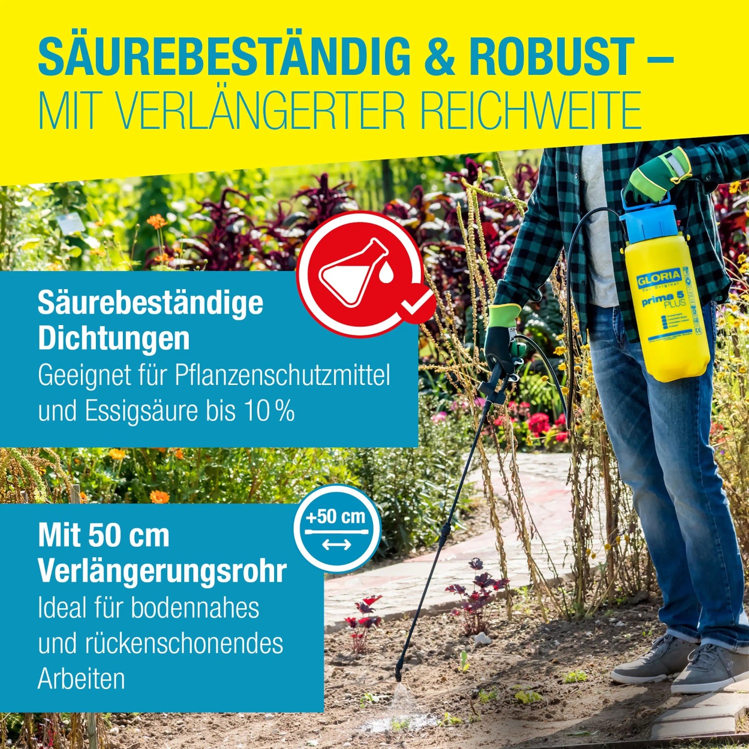 Gelbes Gloria Drucksprühgerät Prima 5 Plus mit Anwender beim Pflanzenschutz.