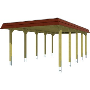 Skan Holz Carport Spreewald mit roter Blende und EPDM Dachbahn in Nussbaum, Ansicht von schräg unten.