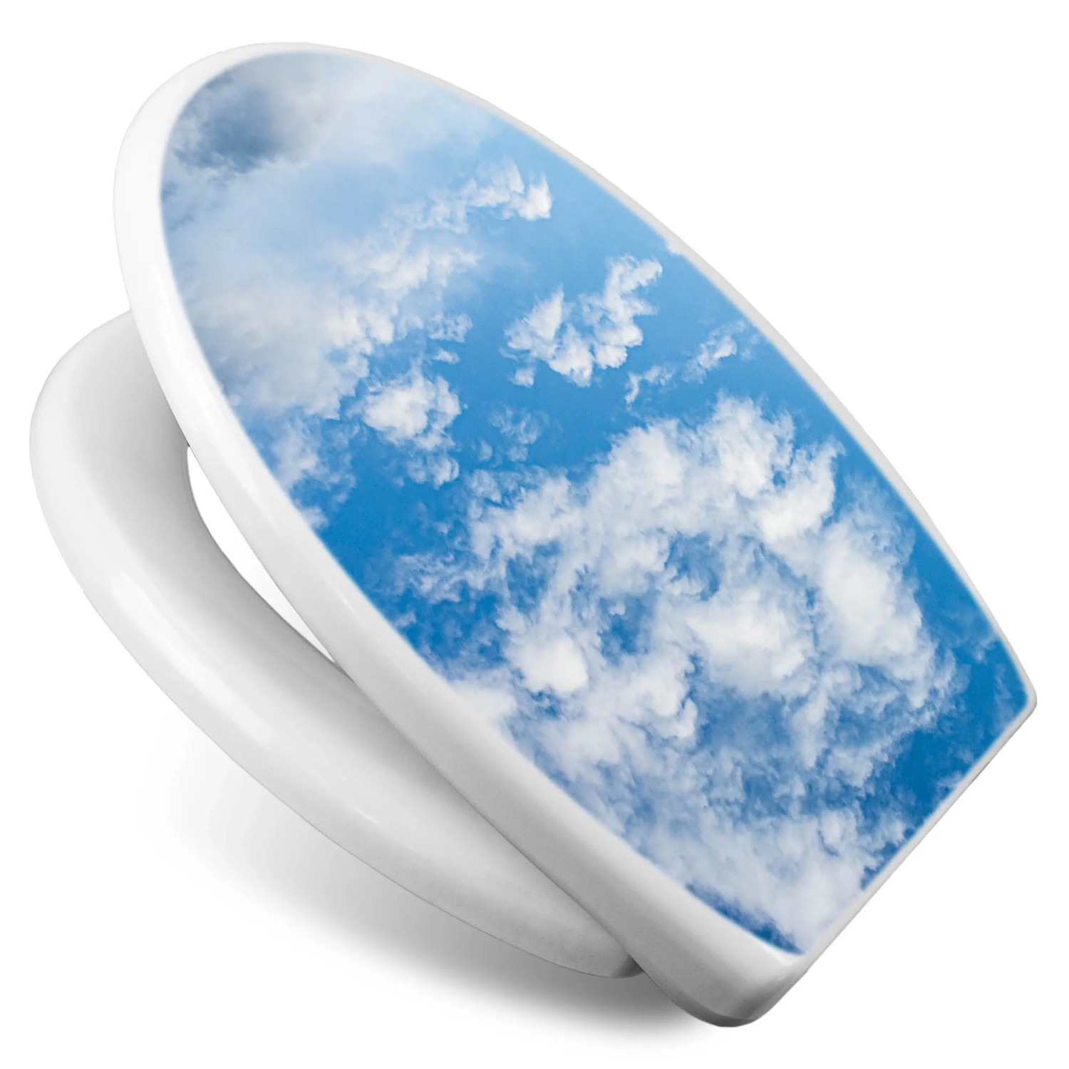 Weißer Toilettendeckel mit Wolken Motiv, Absenkautomatik und Soft Close Funktion.