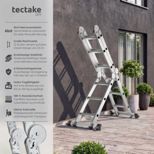 Silberne Tectake 6in1 Aluminium Mehrzweckleiter als Stehleiter an Hauswand, 12 Sprossen, 150 kg Belastbarkeit.