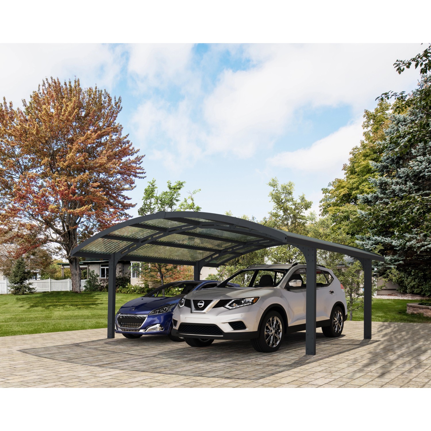 Palram Canopia Doppelcarport Arizone Double Wave mit zwei geparkten Autos.