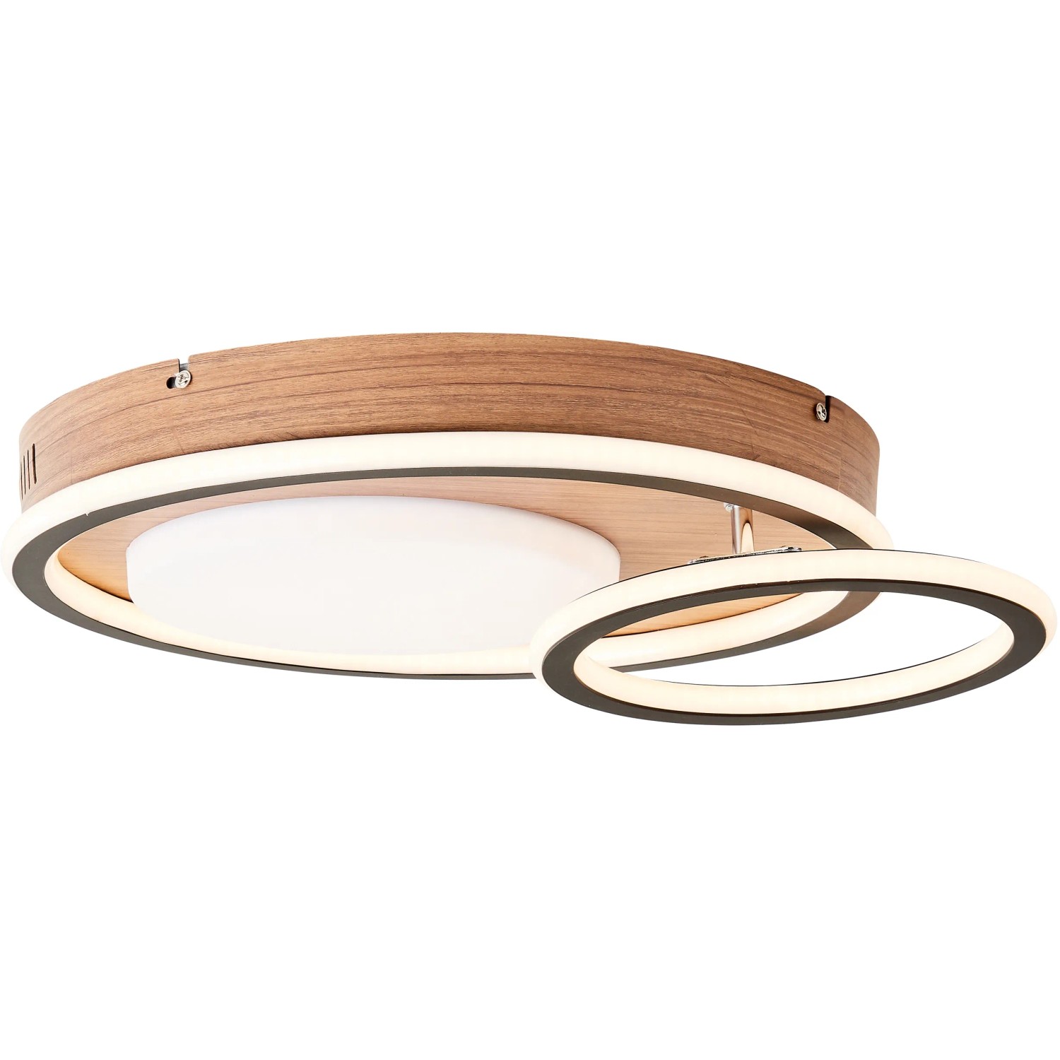 Moderne LED-Deckenleuchte Karney in Schwarz und Holz, 57x40 cm, warmweißes Licht.