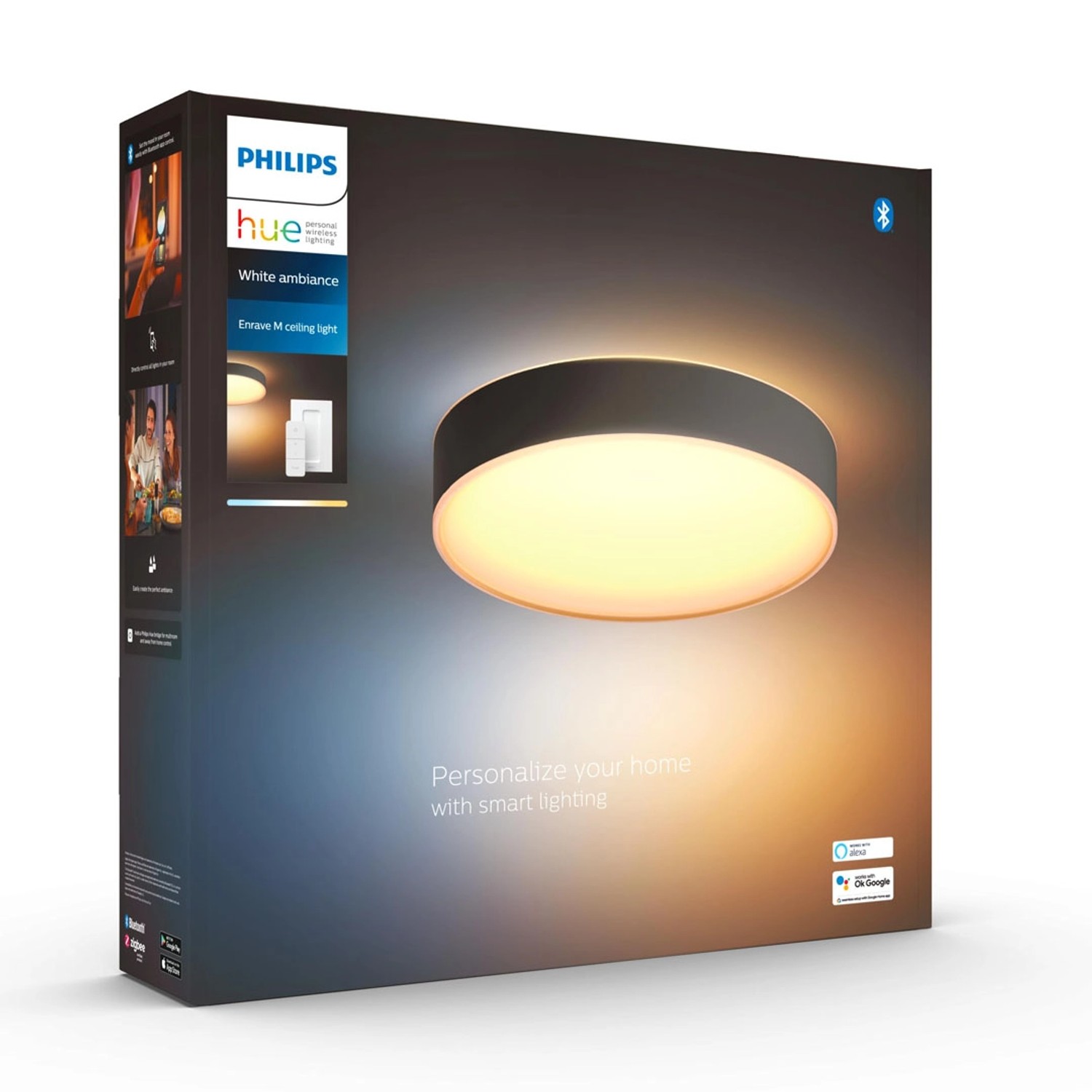 Verpackung der schwarzen Philips Hue Enrave M Deckenleuchte mit Dimmer und warmweißem Licht.
