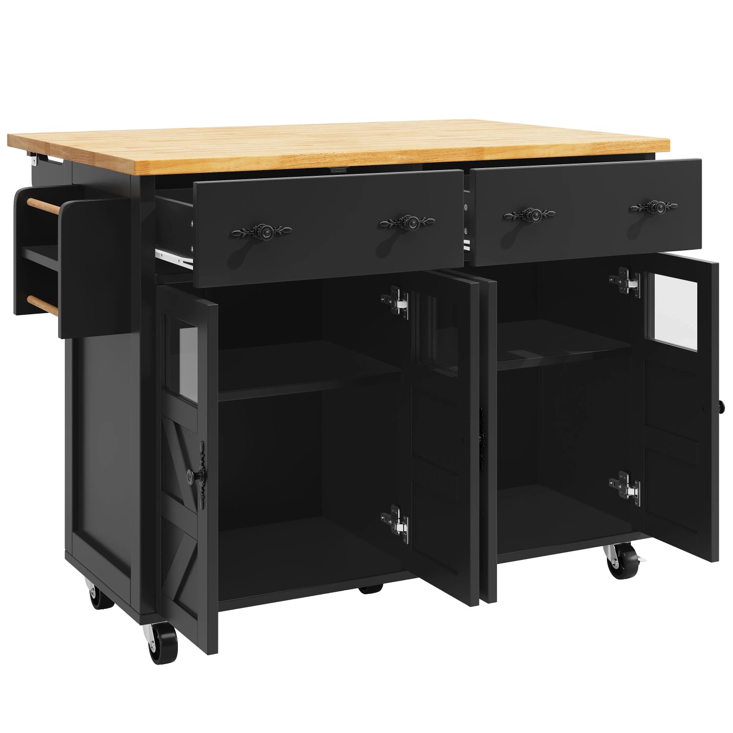okwish Kücheninsel mit Großem Stauraum Rollen Küche 140 x 73 x 93.5 cm Schwarz