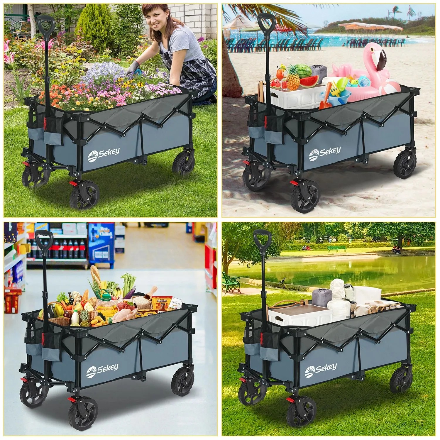 Sekey Bollerwagen faltbar, blau, mit verstellbarem Griff, 150L Volumen und 150kg Tragkraft für Camping & Freizeit.