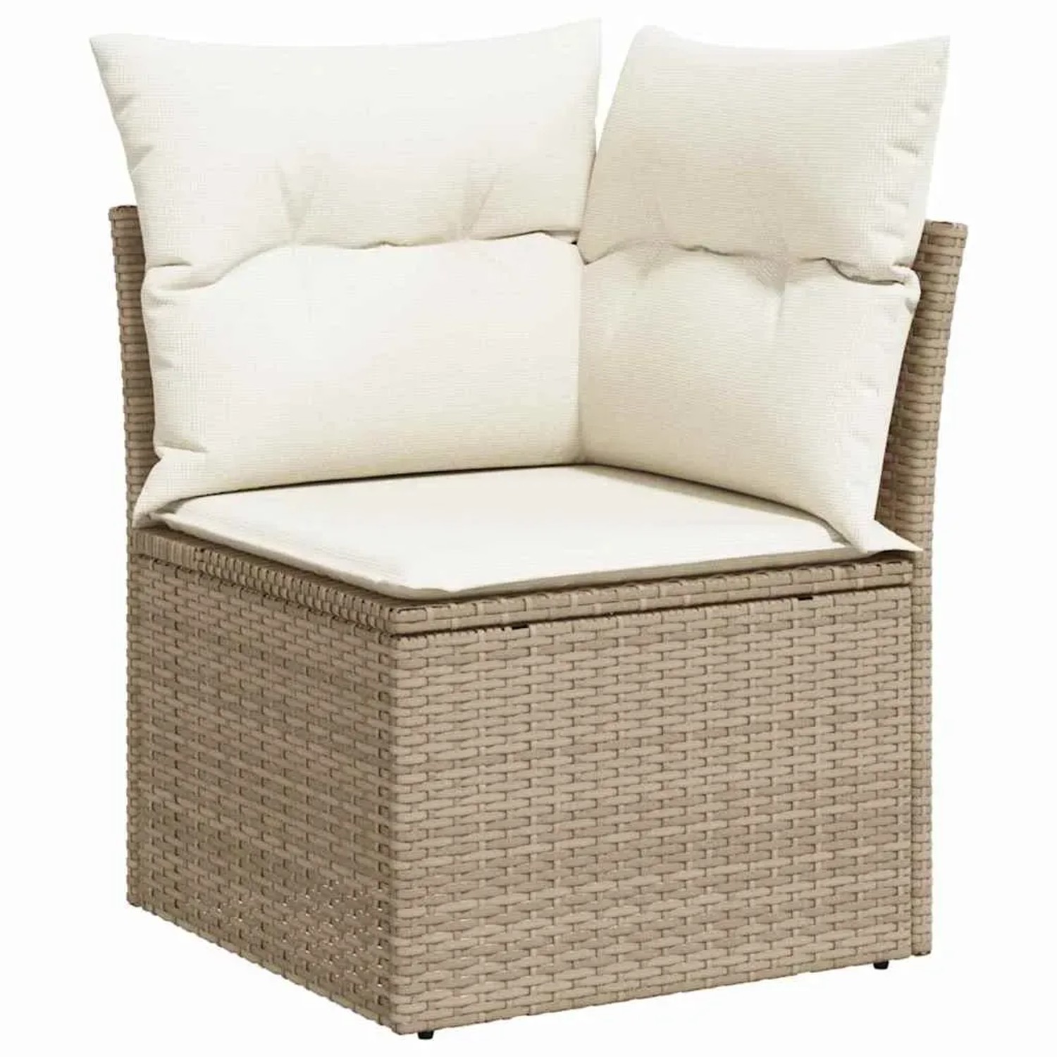 Beiges vidaXL Gartenmöbel-Set: Ecksofa aus Rattan mit Kissen und Stauraum.