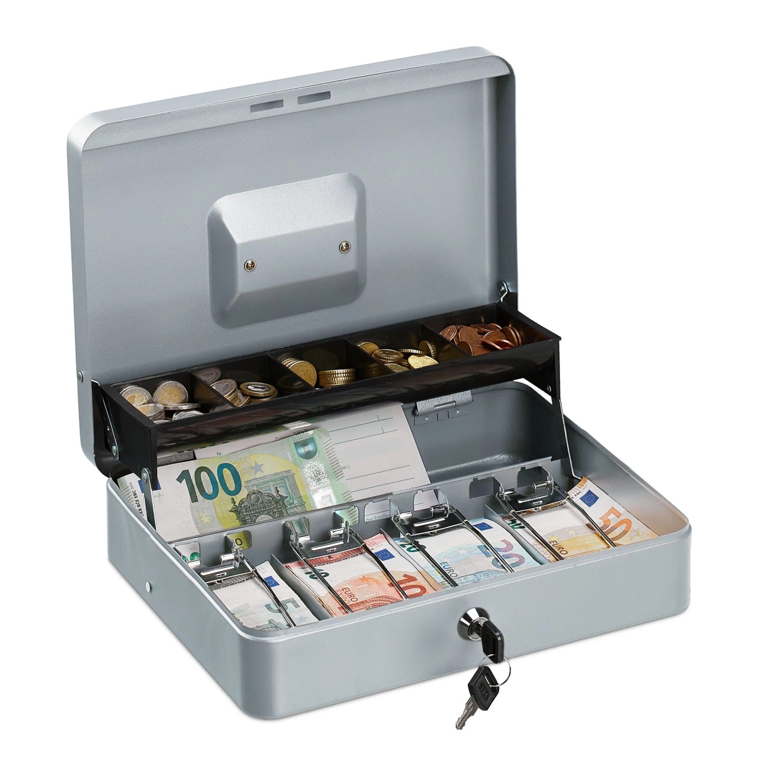 Relaxdays Geldkassette Eisen Silber Abschließbar 8,5 cm x 30,5 cm x 24,5 cm 1,8 kg