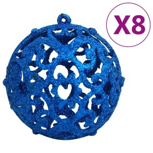 Blaue, glitzernde Weihnachtskugel mit filigranen, hohlen Mustern. Ideal für festliche Weihnachtsdeko.