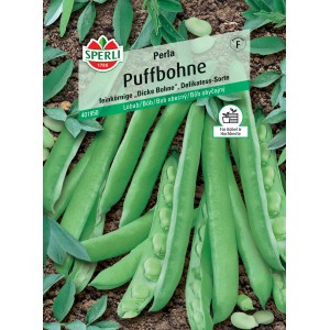 Samenpackung Sperli Puffbohne Perla, Delikatess-Sorte mit grünen Hülsen und Körnern.