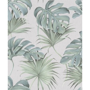 Schöner Wohnen Vliestapete Floral Grau-Grün mit Monstera- und Palmenblatt-Motiv.