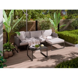 Graues 3-teiliges Lounge-Set Minburra mit Esstisch aus Aluminium für Terrasse und Garten.