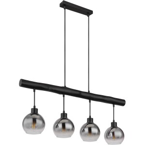 Moderne Globo Pendelleuchte Moitas, 4-flammig, schwarz matt mit Rauchglas-Schirmen.