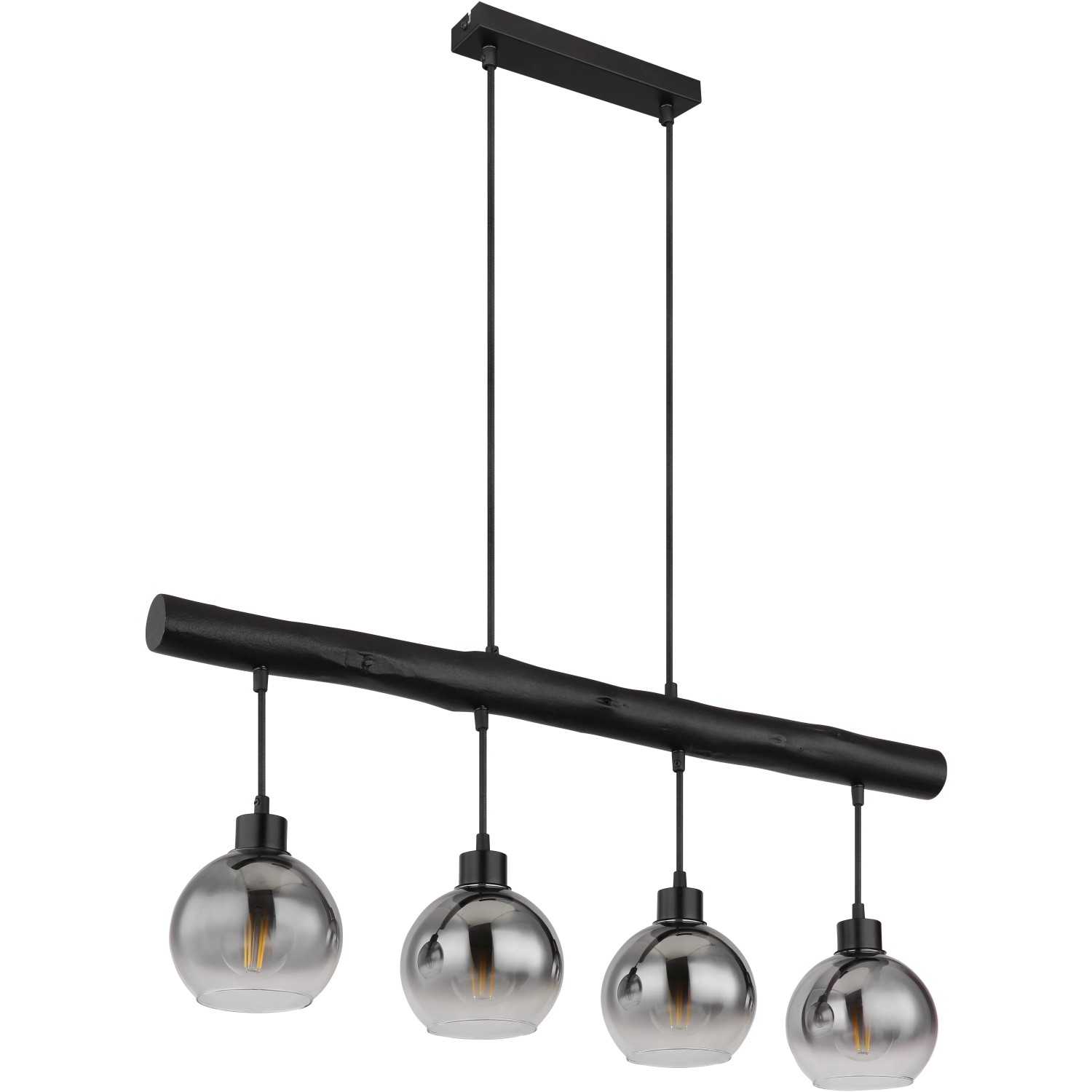 Moderne Globo Pendelleuchte Moitas, 4-flammig, schwarz matt mit Rauchglas-Schirmen.