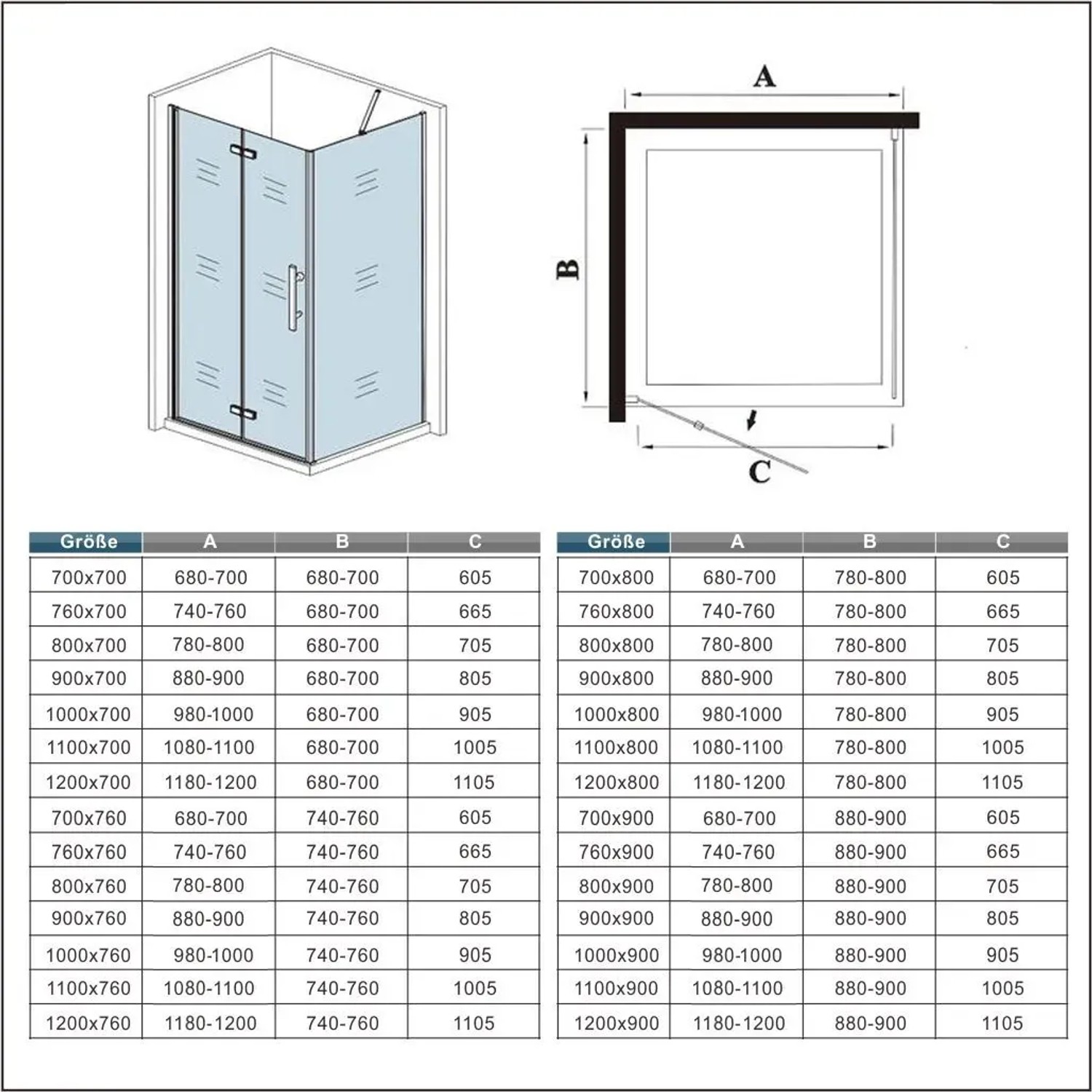 AICA Falttür Eckdusche 90x90x195cm, 6mm ESG Glas, Drehtür mit Stabilisator