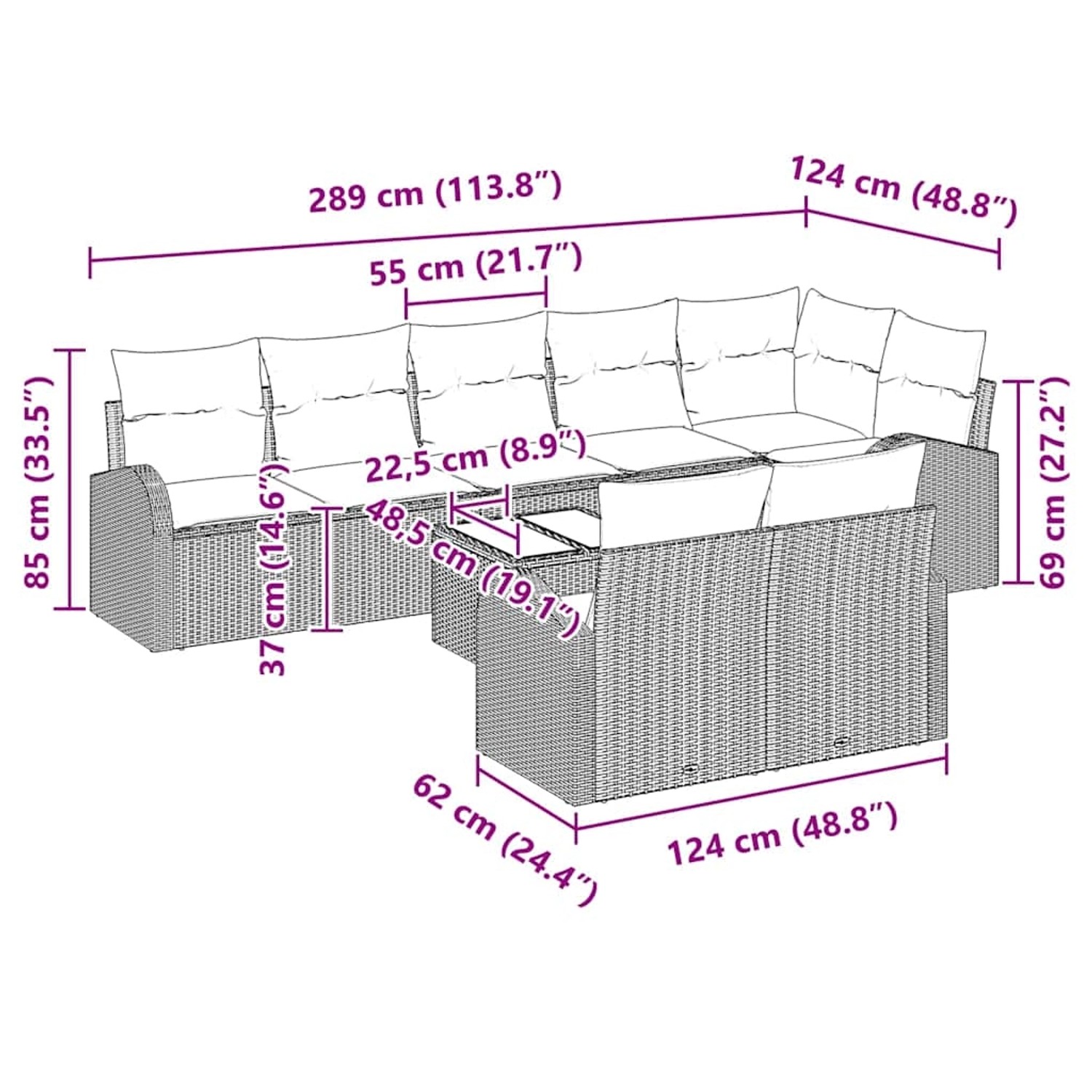 vidaXL Gartenmöbel-Set, 9-teilig, beige/weiß, Poly Rattan, mit Maßen. Ideal für Terrasse und Garten.