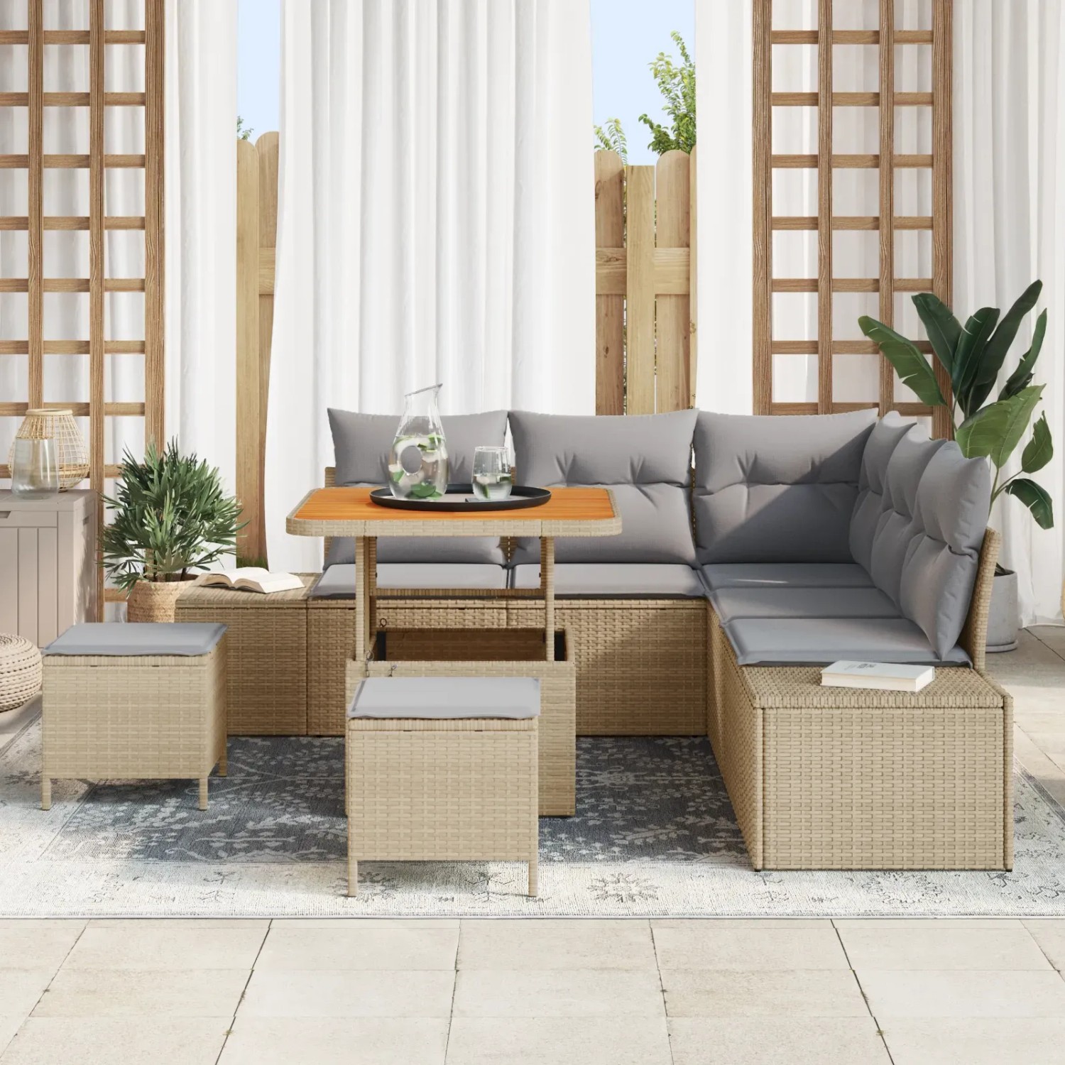 Beiges 8-tlg. vidaXL Garten-Sofa-Set mit Stauraum aus Poly Rattan.