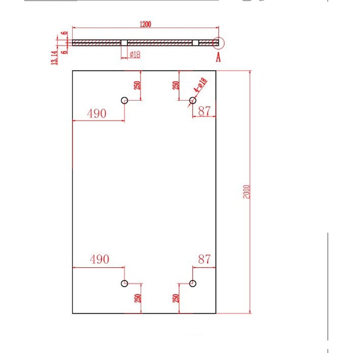 Technische Zeichnung Glasvordach Olymp, 200x120 cm, Maße und Bohrungen für Montage.