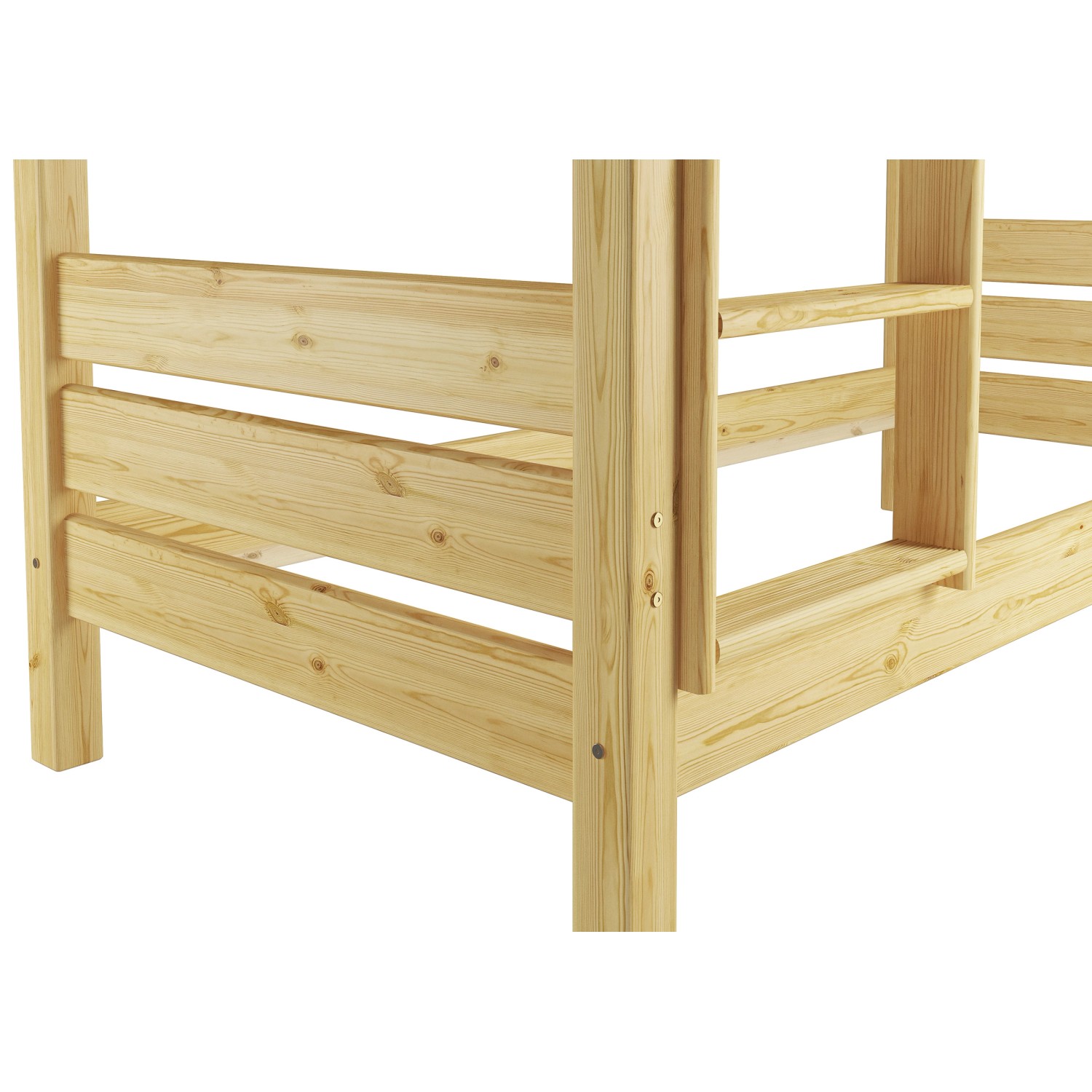 Detailansicht: Breites Etagenbett aus Kiefer Massivholz mit Leiter und Bettkasten.