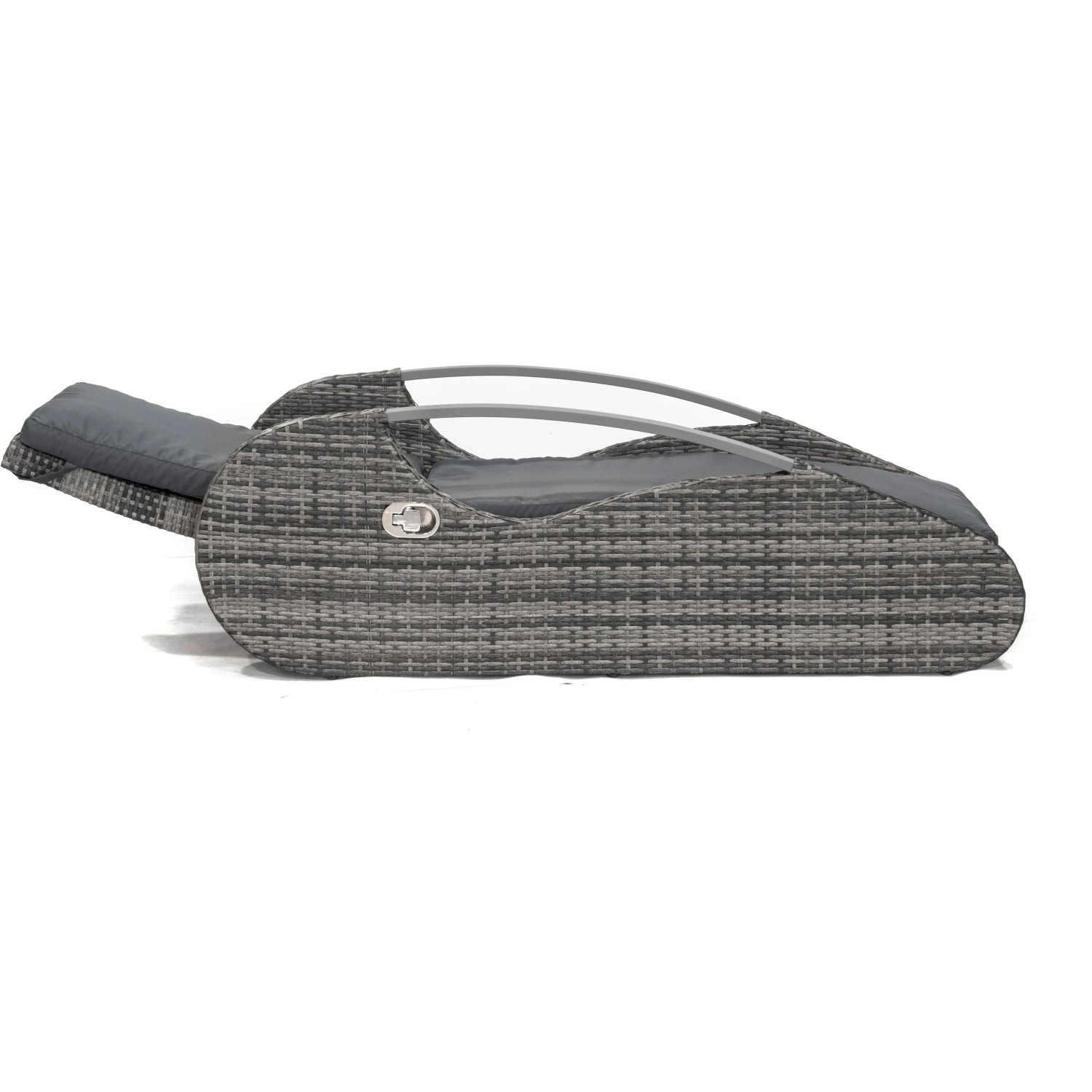 Schilfgraue Garden Pleasure Lounger Alassio aus Rattan mit grauen Polstern.