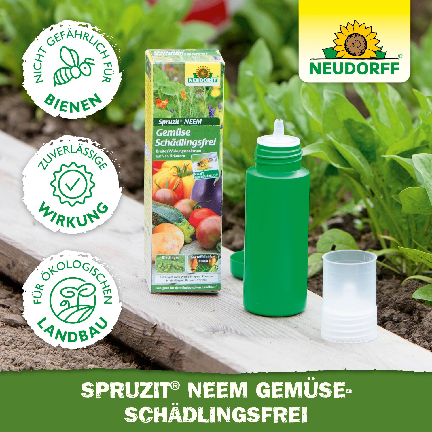Neudorff Spruzit NEEM GemüseSchädlingsfrei 75ml mit grüner Flasche und Verpackung im Garten.