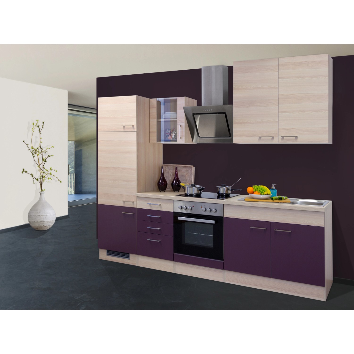 Flex-Well Exclusiv Küchenzeile Focus 270 cm Akazie-Aubergine günstig online kaufen