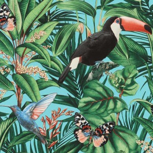 Bunte Dschungel Tapete mit tropischem Motiv: Tukan, Kolibri, Schmetterlinge und grüne Blätter.