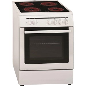 Weißer PKM Elektro Standherd mit Glaskeramik-Kochfeld und Backofen der Energieeffizienzklasse A.