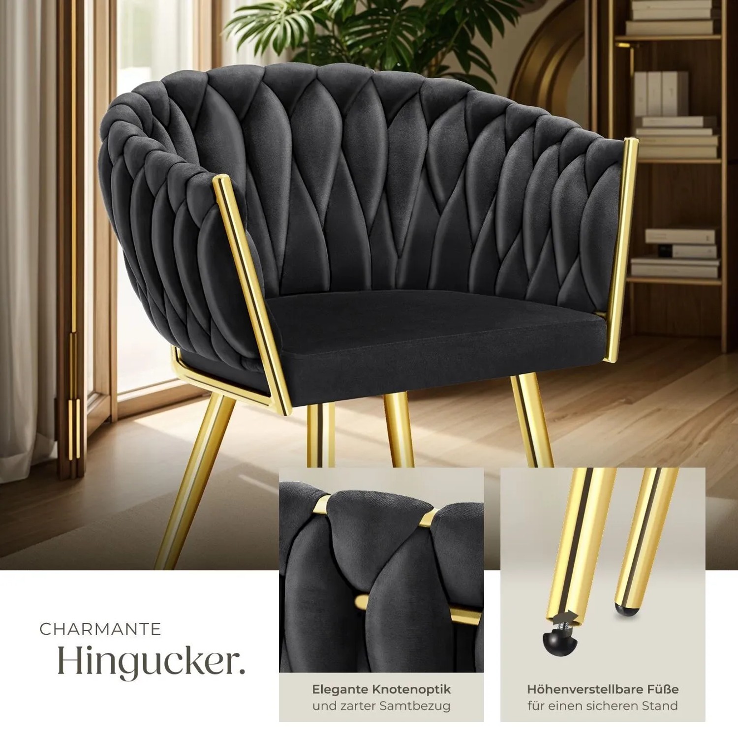 2er Set: Schwarzer Esszimmerstuhl mit Samtbezug, Knotendesign und goldenen Beinen.