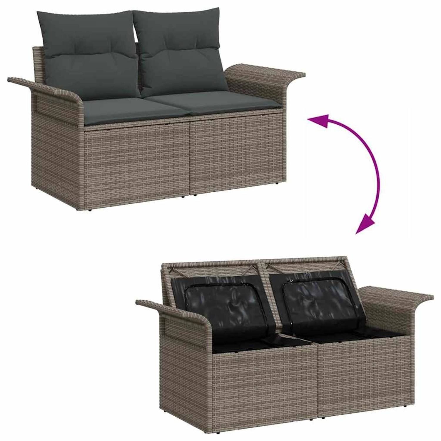 Graues 10-tlg. vidaXL Garten-Sofa-Set aus Poly Rattan mit Stauraum, modulare Bauweise.