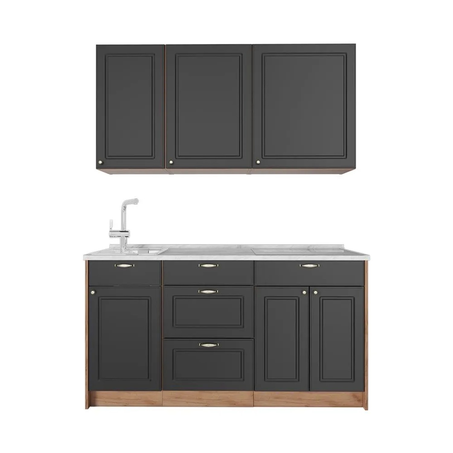 Vicco Singleküche Fame-Line Anthrazit-Gold Landhaus/Goldkraft Eiche 150 x 82 AP Marmor Art Nr 64777