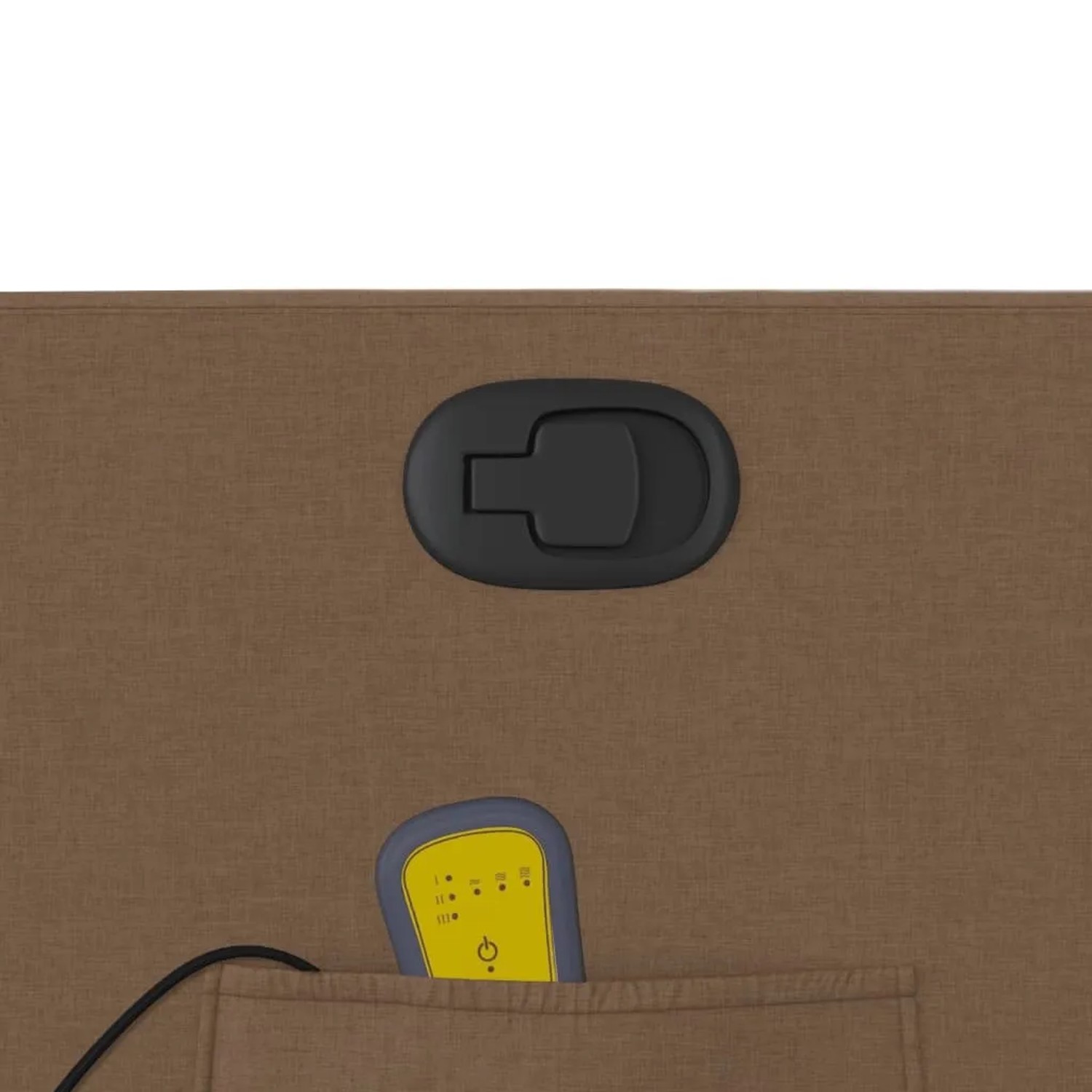 Detailansicht brauner vidaXL Massagesessel mit Aufstehhilfe, Bedienelement und Hebel zur Verstellung.