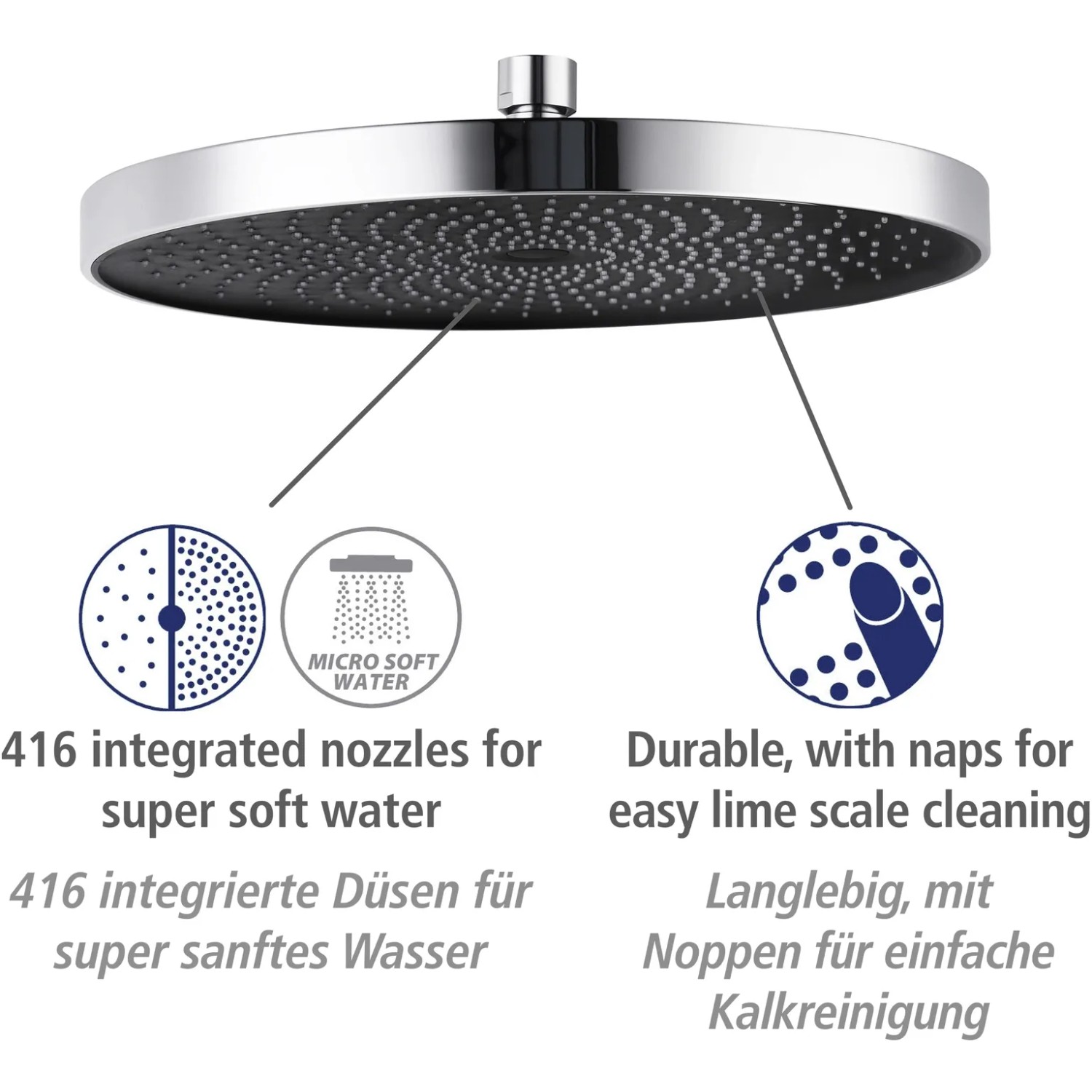 Detailaufnahme des chromfarbenen Wenko Softwater Duschkopfs mit Düsen und Antikalknoppen.