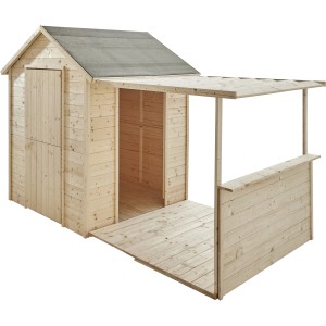 Soulet Kinderspielhaus Eugenie mit Terrasse und Pergola aus hellem Holz.