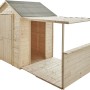 Soulet Kinderspielhaus Eugenie mit Terrasse und Pergola aus hellem Holz.