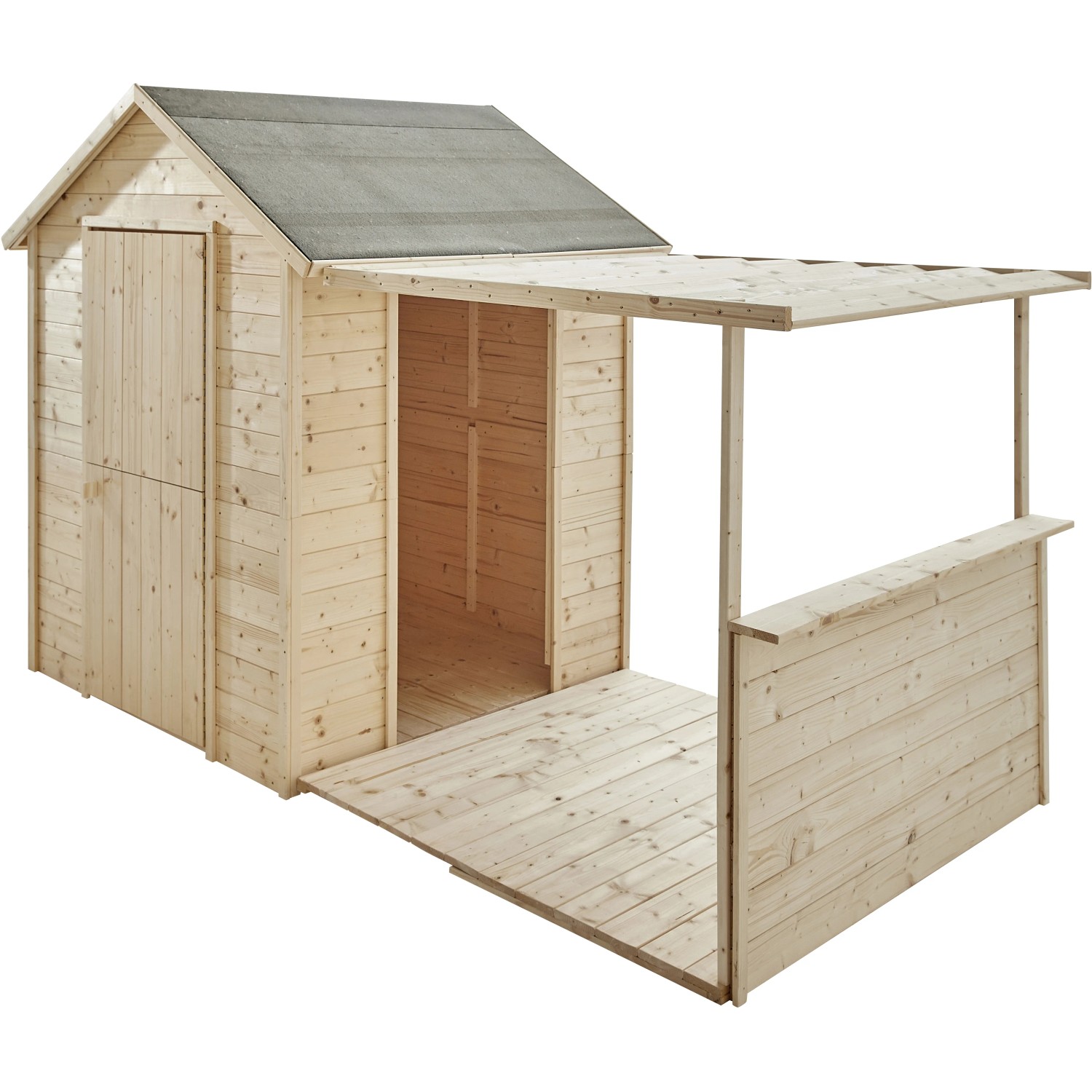 Soulet Kinderspielhaus Eugenie mit Terrasse und Pergola aus hellem Holz.
