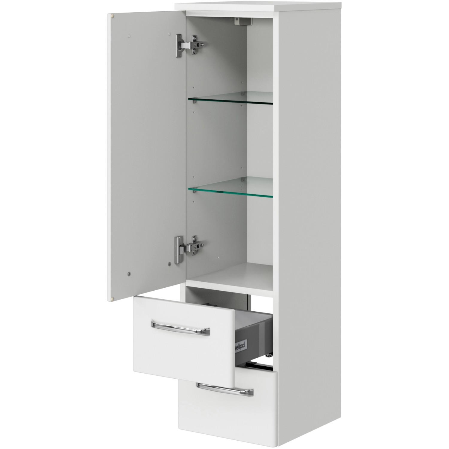 Pelipal Bad-Hängeschrank Trentino, weiß hochglanz, mit offener Tür, Schubladen und Glasböden.