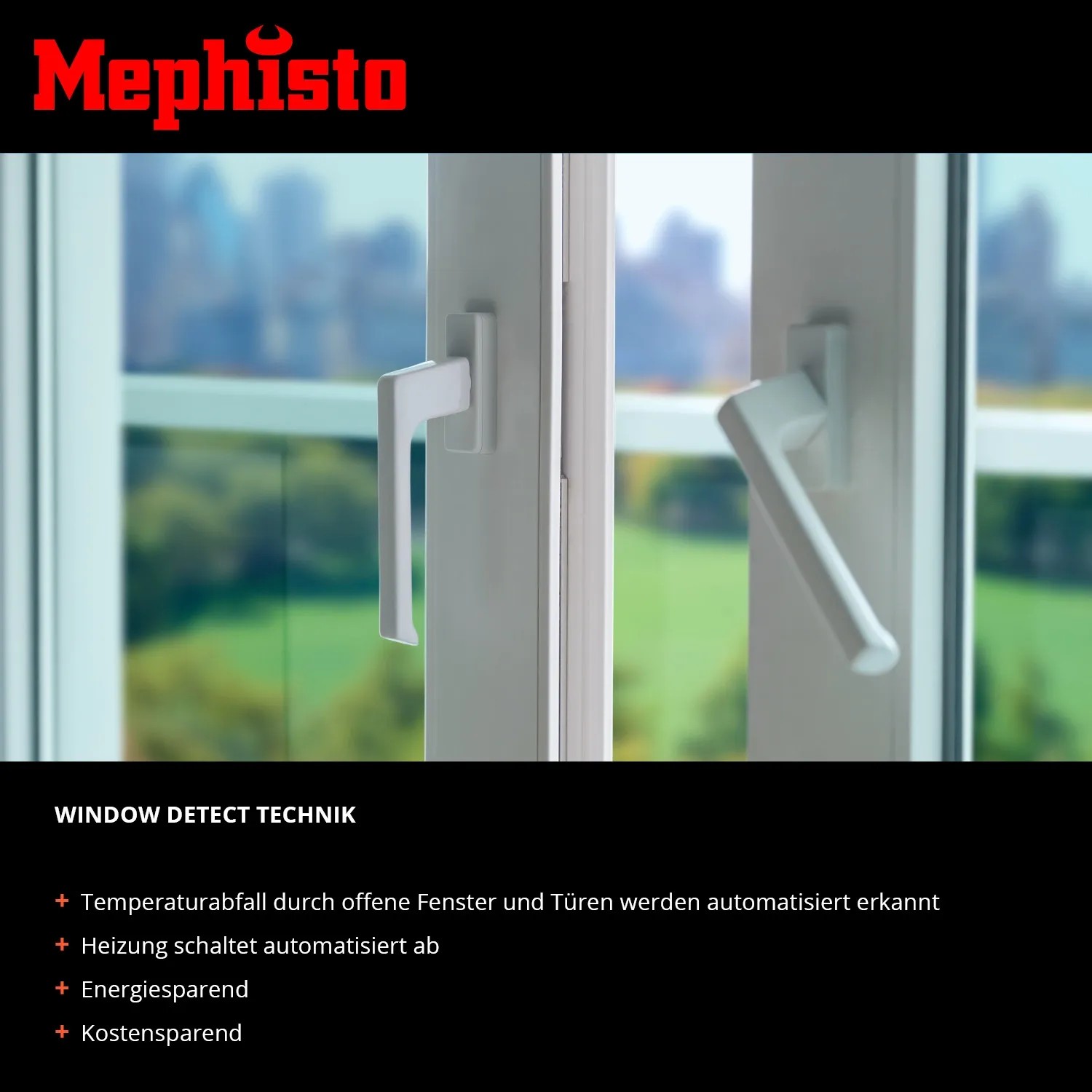 Detailaufnahme: Fenster mit Mephisto Infrarotheizung-Funktion zur Fenstererkennung für energiesparendes Heizen.