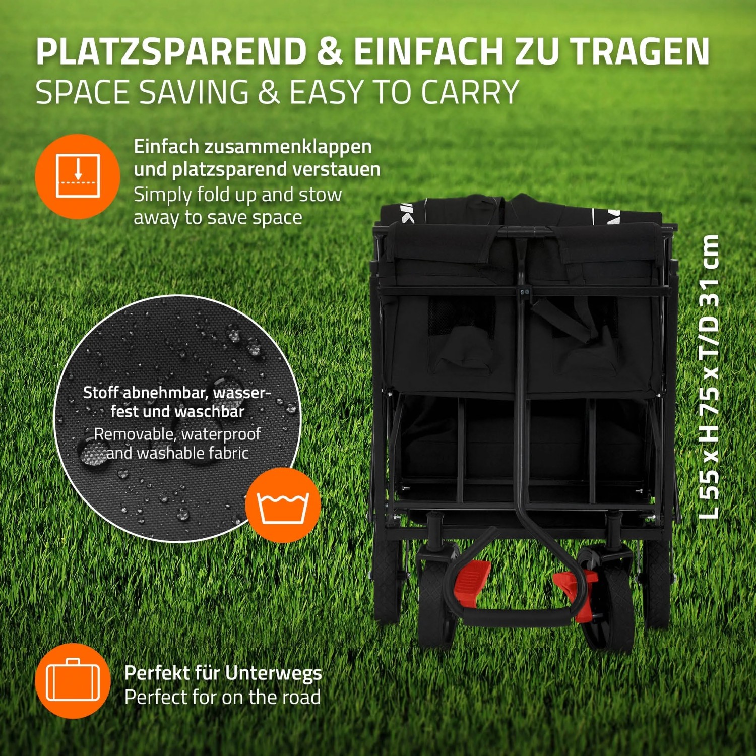 Zusammengeklappter, schwarzer Hauki Bollerwagen L mit Dach für Camping & Freizeit.