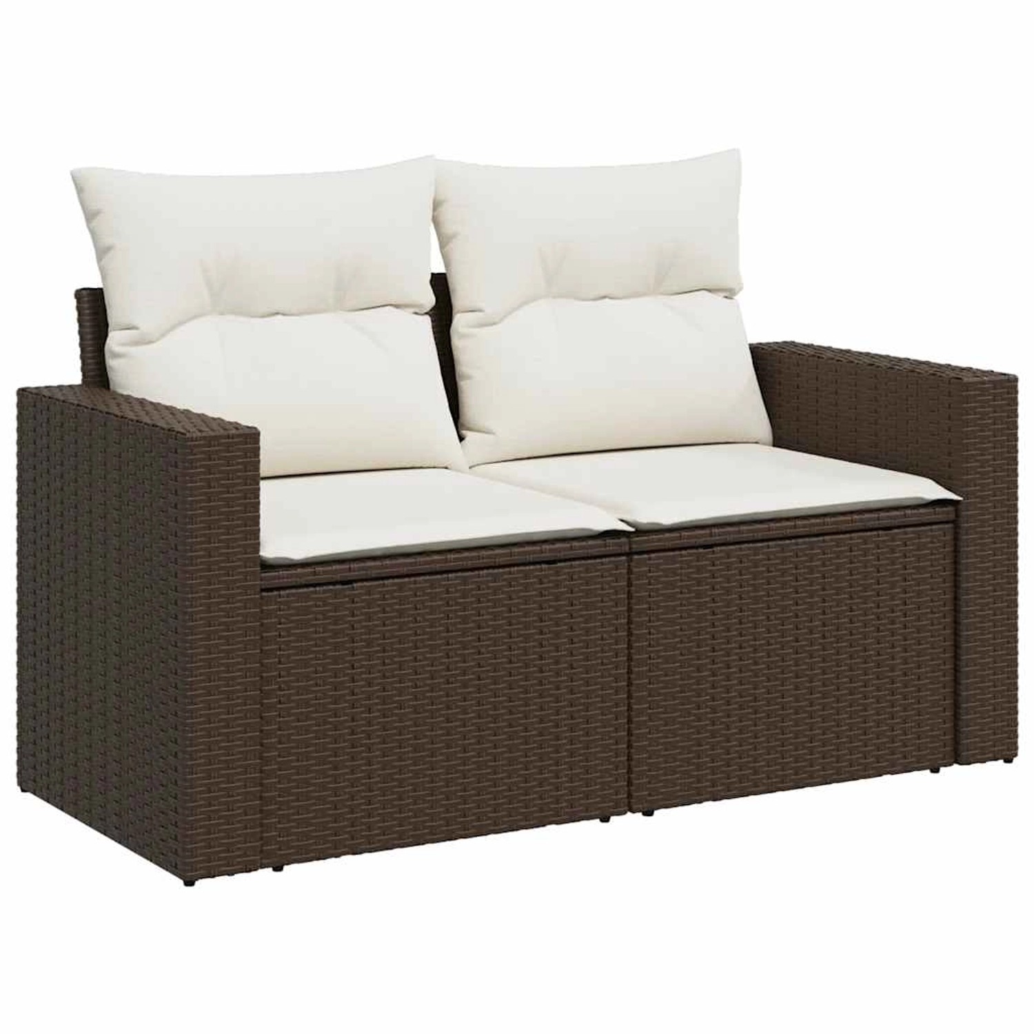 Braune 6-tlg. vidaXL Garten-Sofagarnitur aus Rattan mit cremeweißen Kissen.