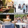 Collage: Stehtische für Gartenparty, Hochzeit, Firmenevent. TRUTZHOLM Klapptisch, weiß.
