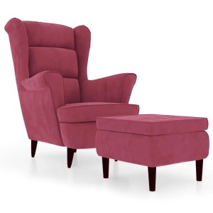 Weinroter Samt Ohrensessel mit Hocker. Bequemer Loungesessel für Wohnzimmer oder Lesezimmer.