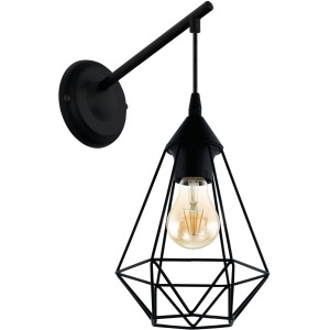 Schwarze Eglo Wandleuchte Tarbes mit Drahtschirm im Vintage Design und E27 Fassung.