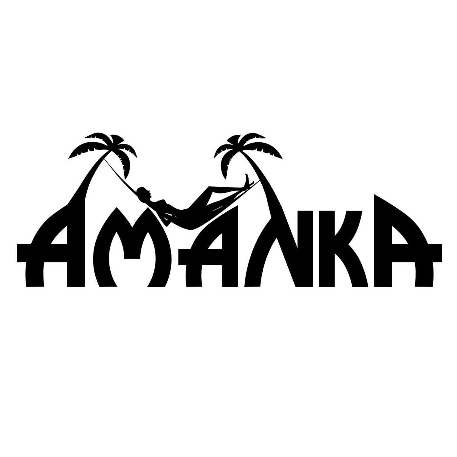 AMANKA Logo: Silhouette einer Person in einer Hängematte zwischen Palmen, integriert in den Markennamen.