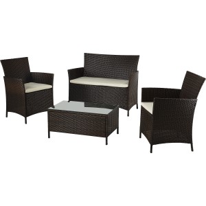 Braunes 4-teiliges Gartenmöbel-Set Canera aus Polyrattan mit Sofa, Sesseln und Tisch.