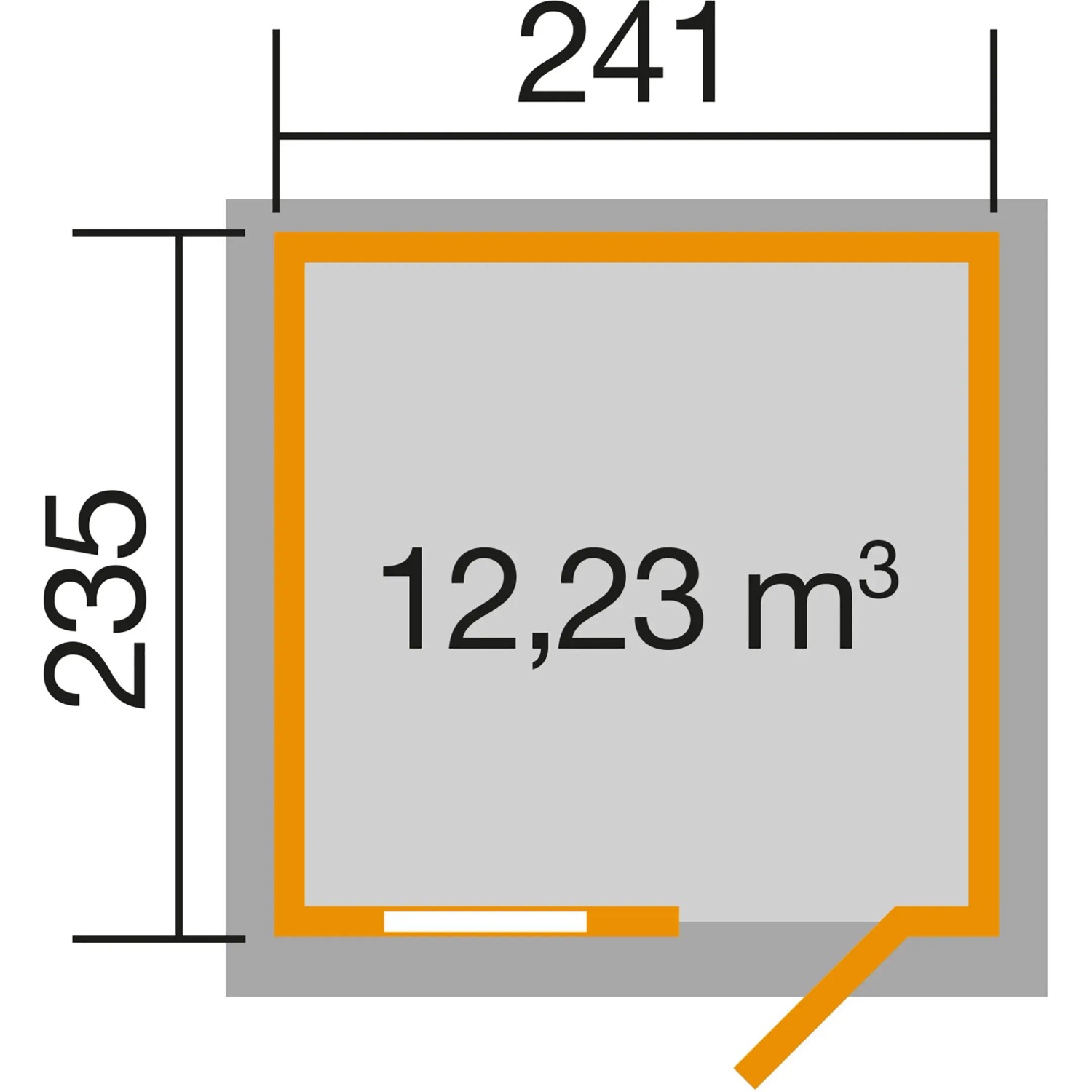 Grundriss Gartenhaus 123, Satteldach, 241x235 cm, 12,23 m³ Volumen.