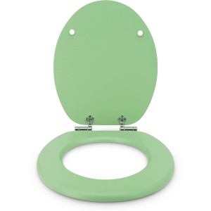 Sanfino WC-Sitz Mint Green, Toilettendeckel aus Holz mit Absenkautomatik, geöffnet.